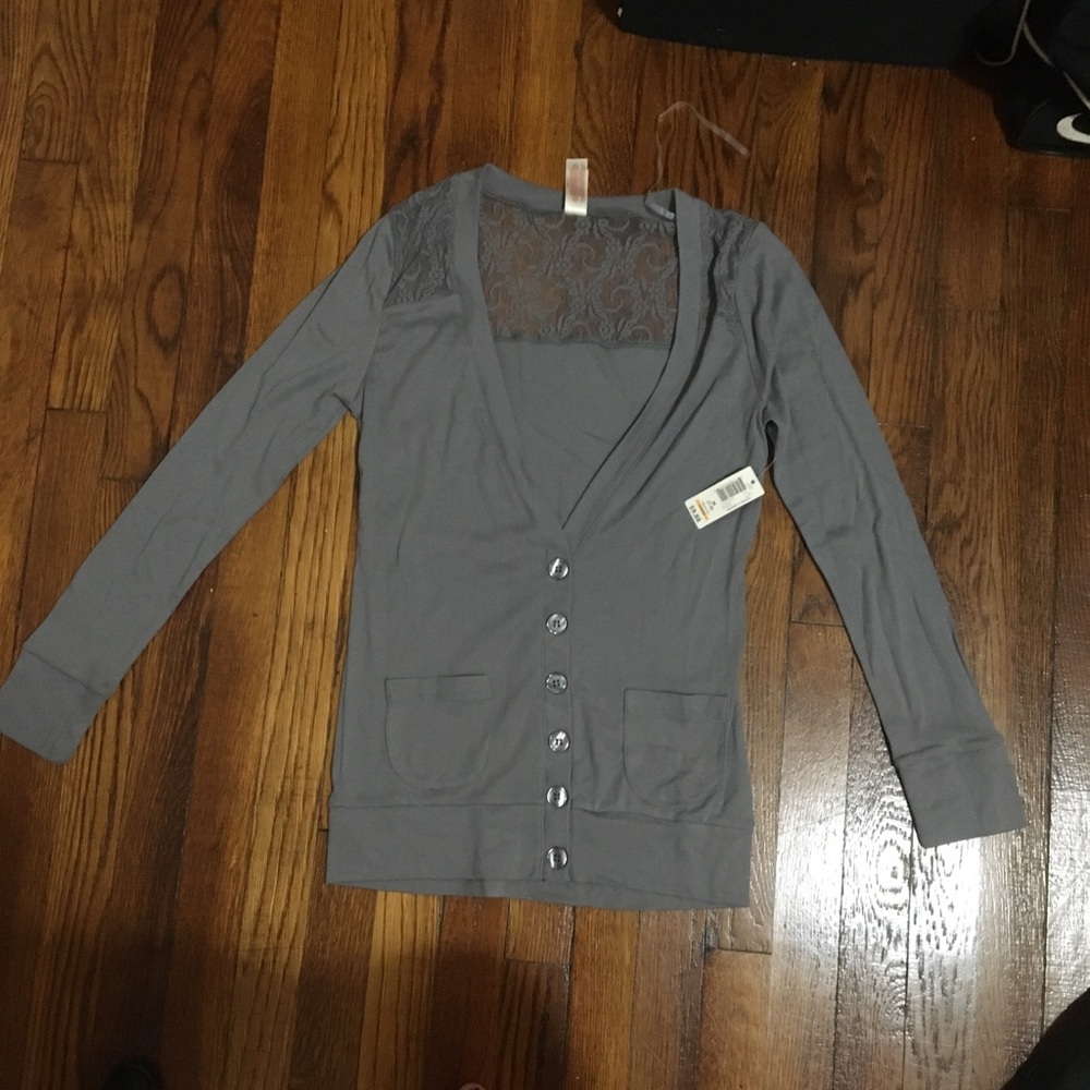 Grey button up cardigan with lace overlay shoulder